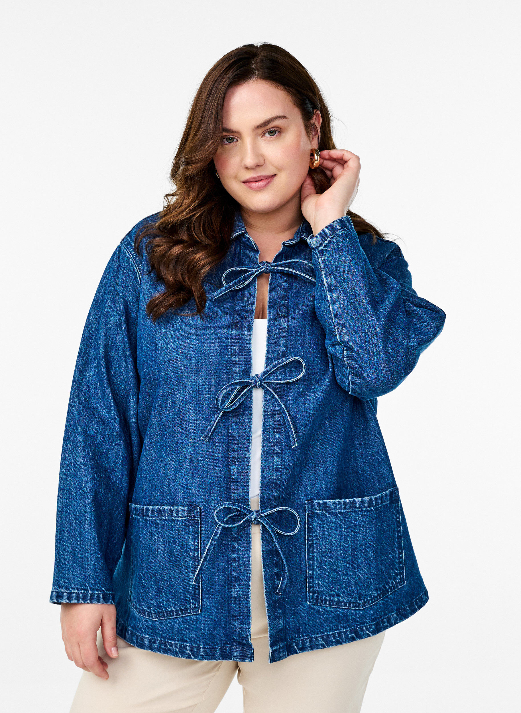 Zizzifashion Denim jacket with tie fastening and pockets, Blue Denim, Model image number 0