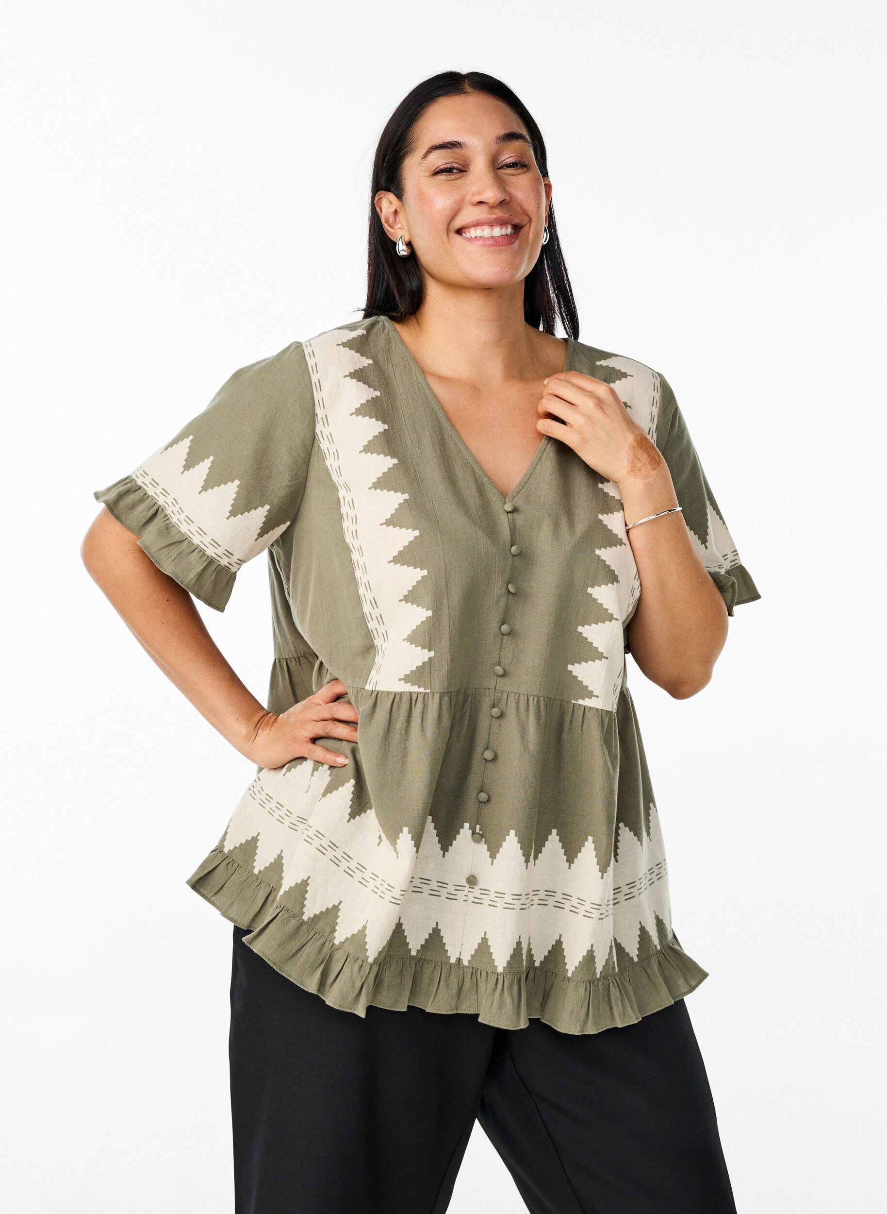 Zizzifashion Short-sleeved blouse with ruffles and graphic pattern, Green, Model image number 0
