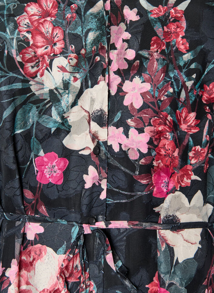 Floral midi dress with woven texture and tie-belt, Black, Packshot image number 2