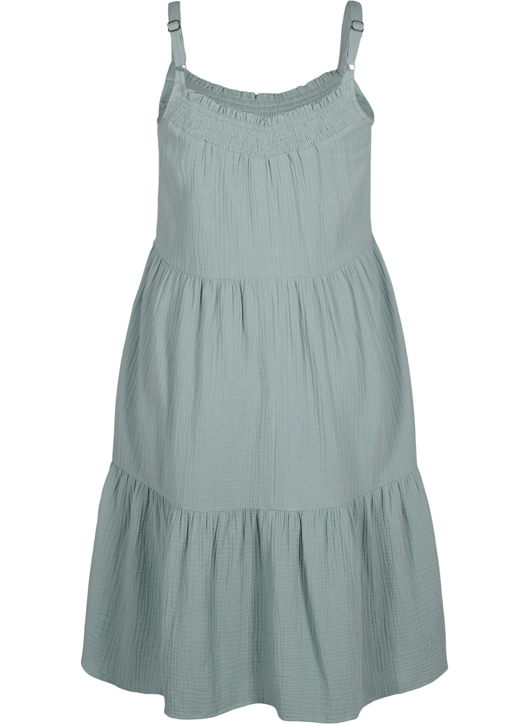 Zizzifashion Plain cotton strap dress, Chinois Green, Packshot image number 1