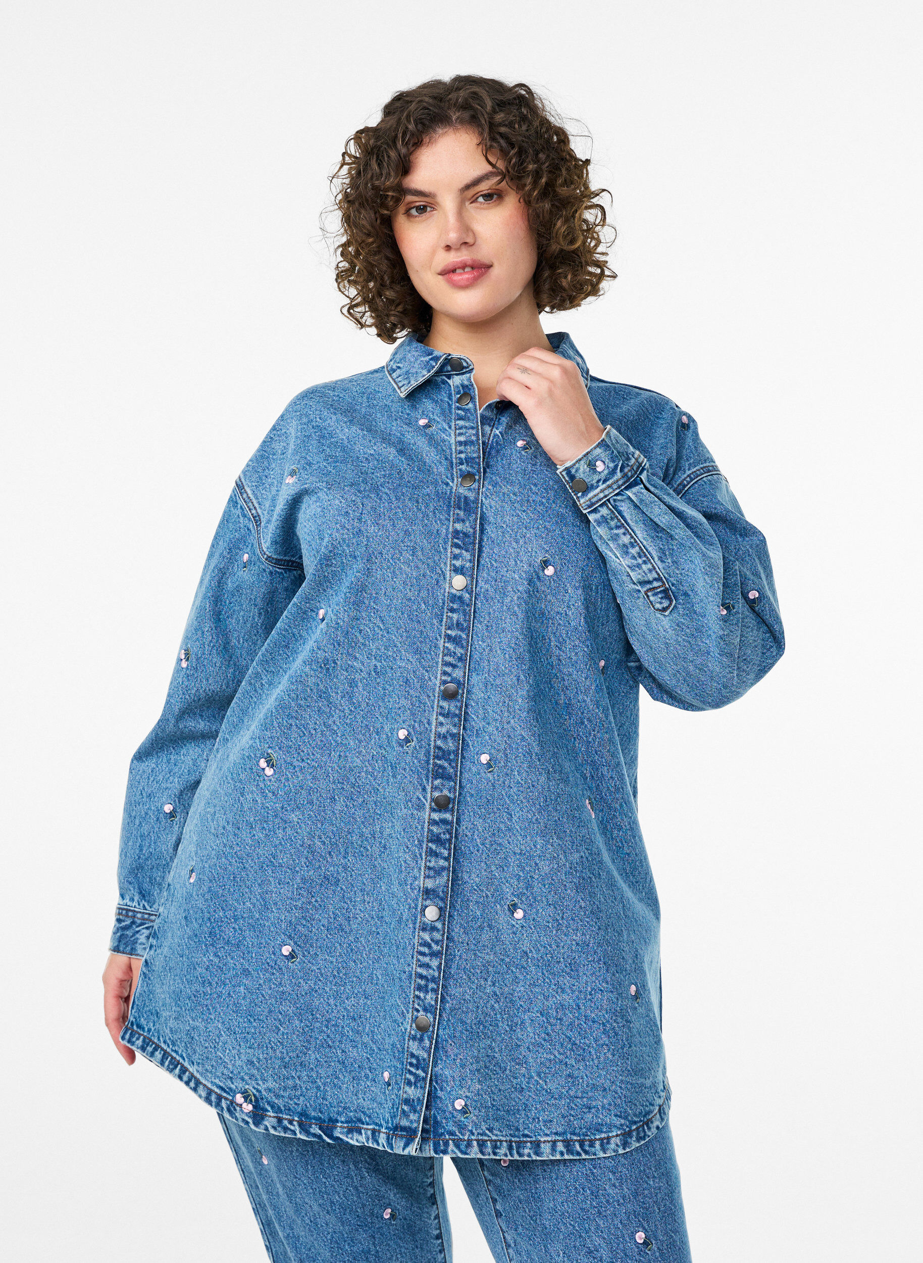 Denim shirt with embroidered motifs, Light Blue, Model