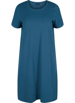 Short-sleeved dress in cotton with slit, Majolica Blue, Packshot image number 0