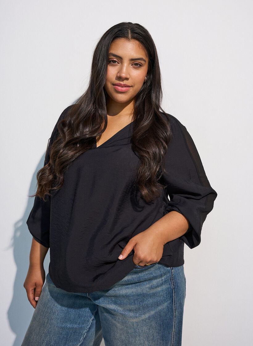 Blouse with balloon effect and chiffon details, Black, Model image number 0