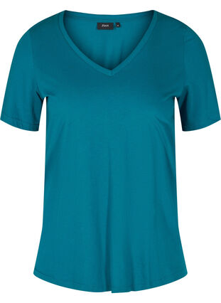 Organic cotton T-shirt with V-neckline, Maroccan Blue, Packshot image number 0