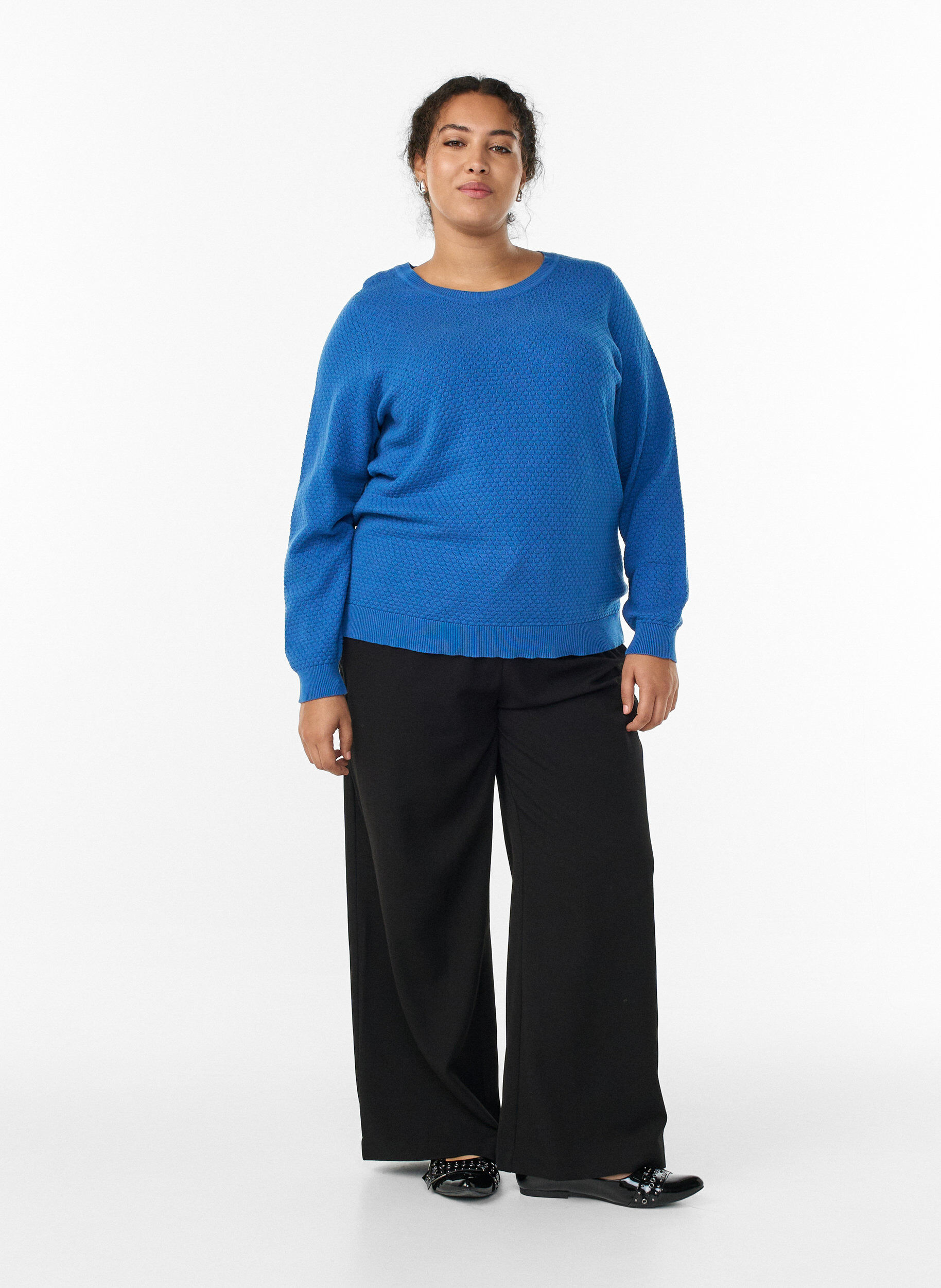 Zizzifashion Knit blouse in cotton with textured pattern, Blue, Model image number 1