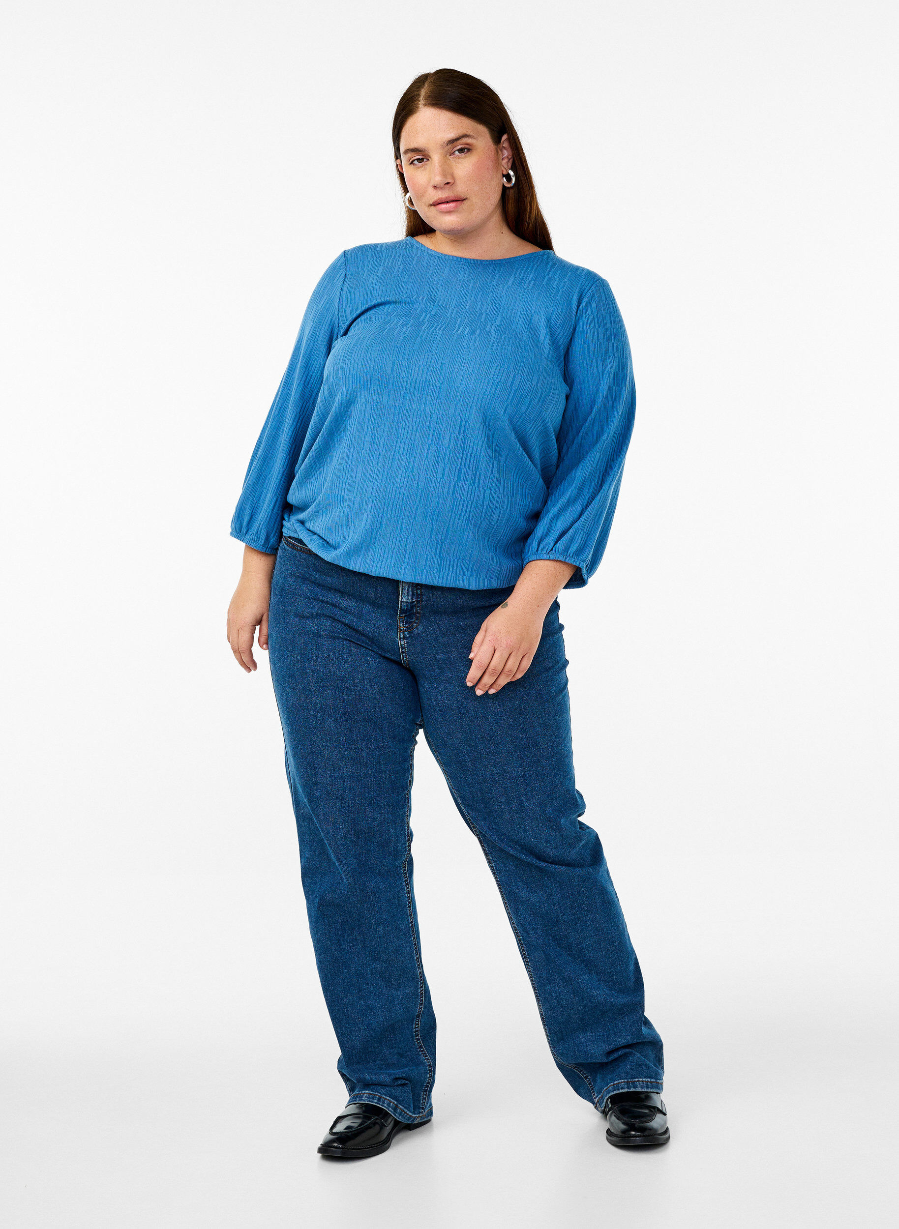 Zizzifashion Blouse with texture and 3/4 sleeves, Blue, Model image number 1