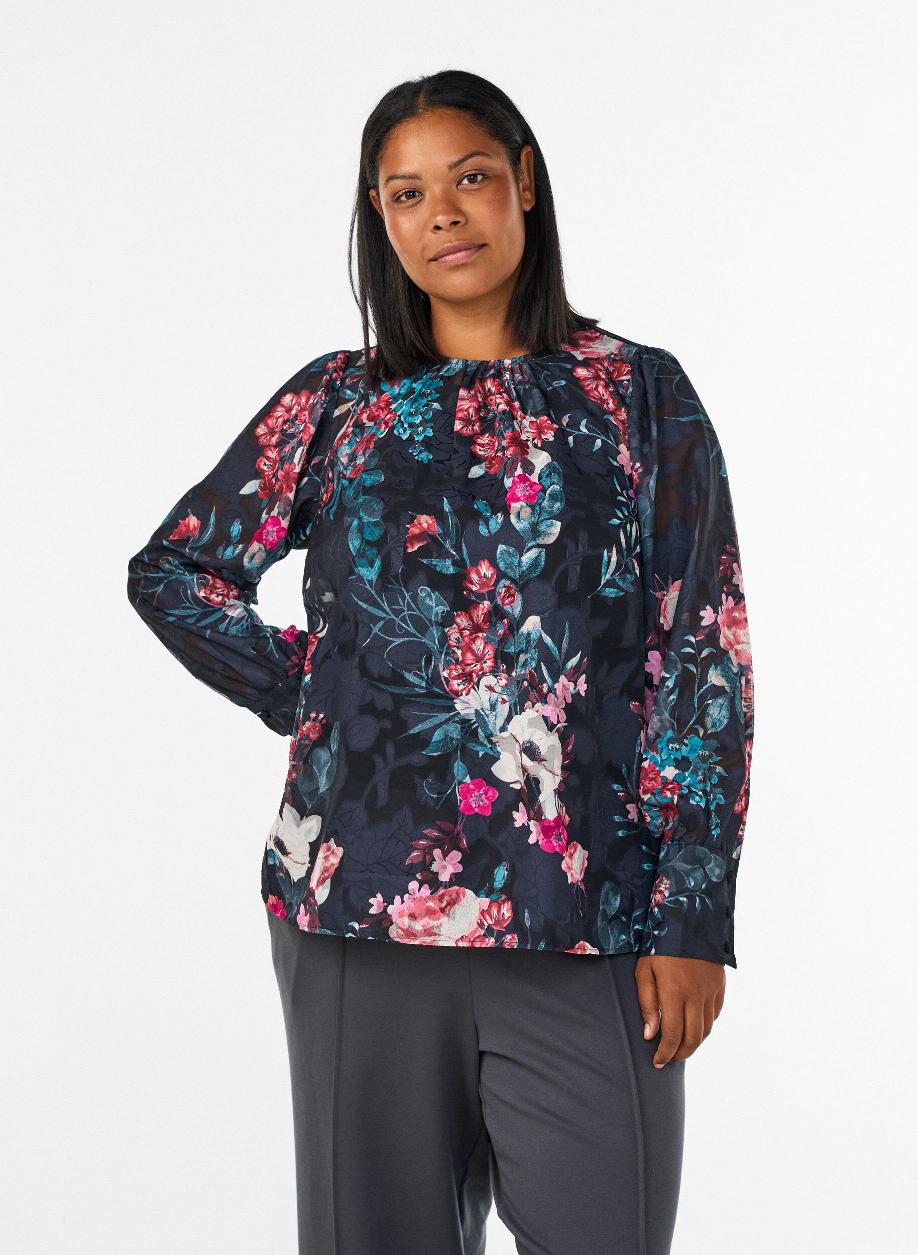 ZizzifashionFloral blouse with woven texture, Black, Model image number 0