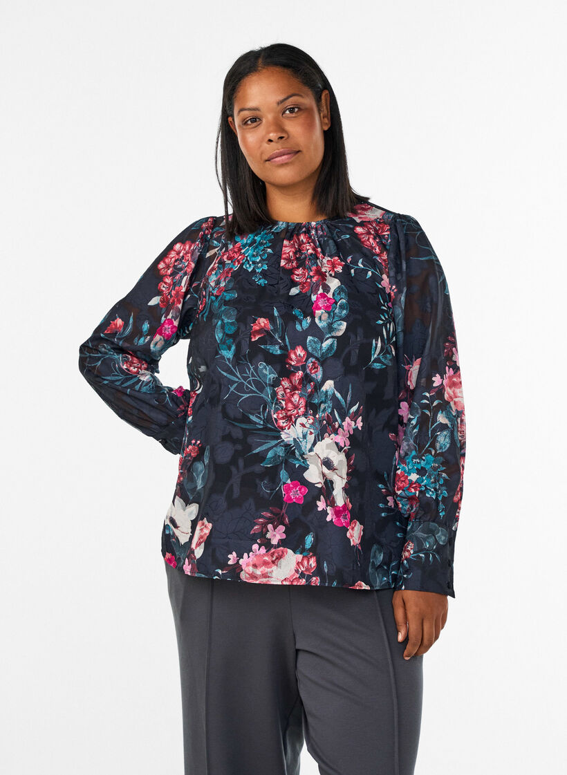 Floral blouse with woven texture, Black, Model image number 0