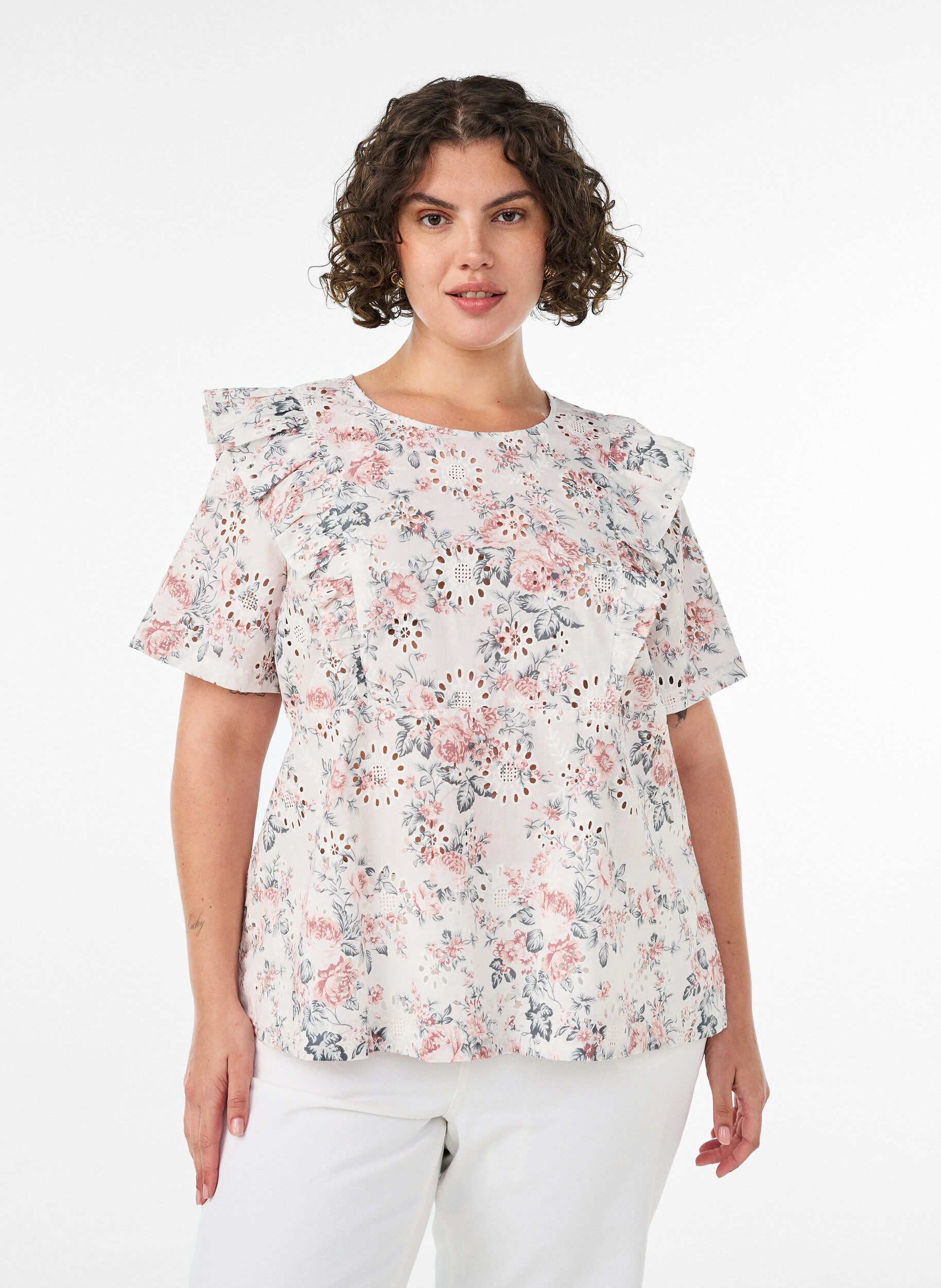 Zizzifashion Cotton blouse with broderie anglaise and ruffles, Red, Model image number 0