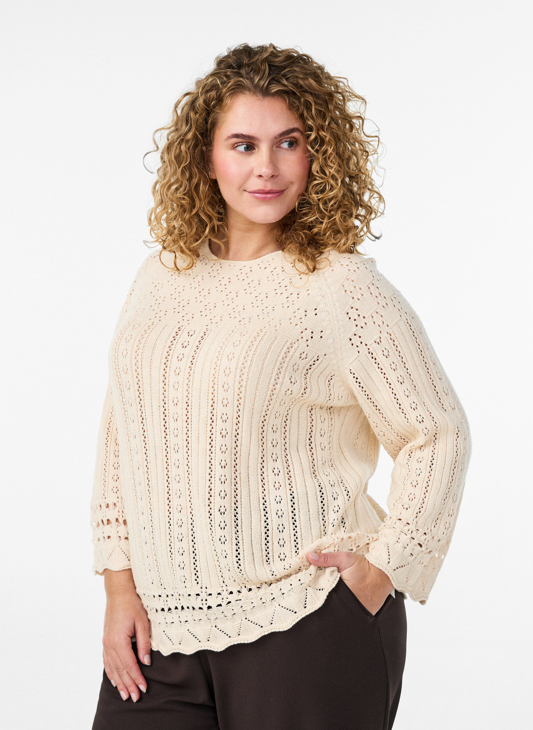 Zizzifashion Knitted top with eyelet embroidery and 3/4 sleeves, Beige, Model image number 0