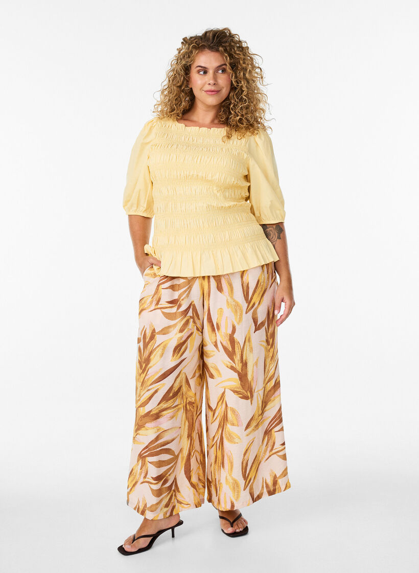 Wide-leg trousers with leaf print and a high elasticated waist, 9990, Model image number 0
