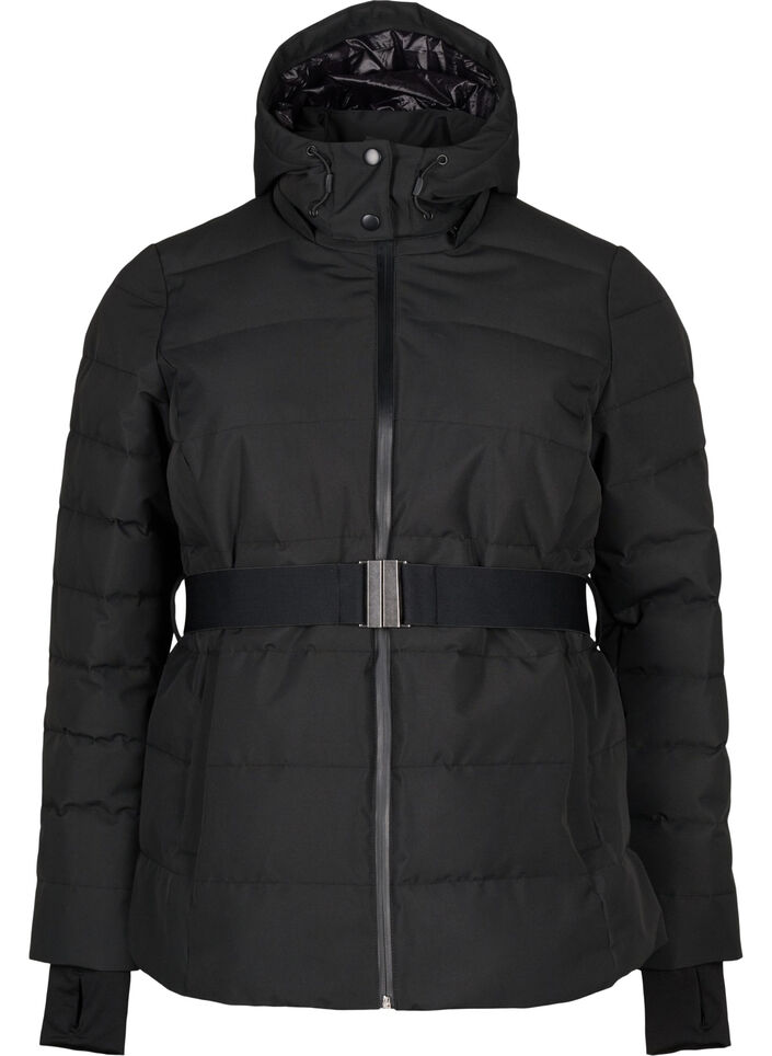 Water-repellent ski jacket with hood and belt, Black, Packshot image number 0