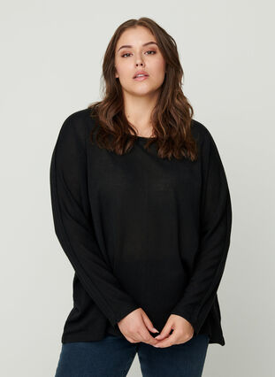 Plain-coloured blouse with long sleeves, Black, Model image number 0