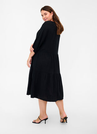 Cotton dress with 3/4 sleeves and tie detail, Black, Model image number 1