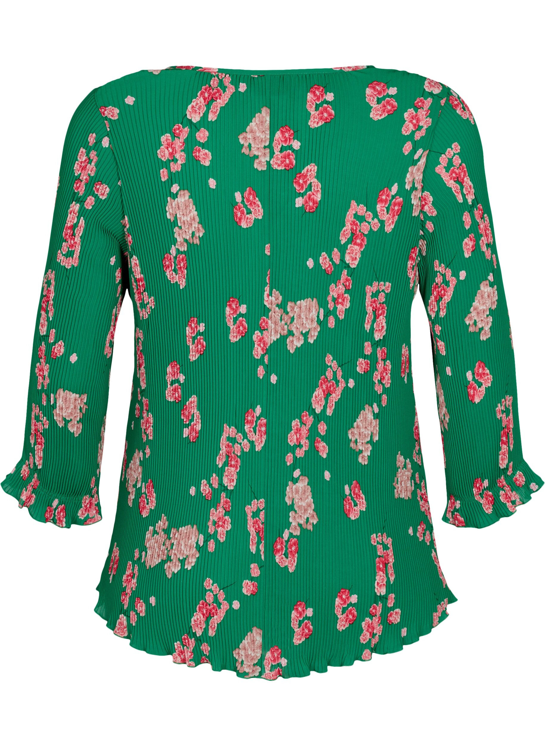 Zizzifashion Pleated top with 3/4 sleeves, Jolly Green Flower, Packshot image number 1