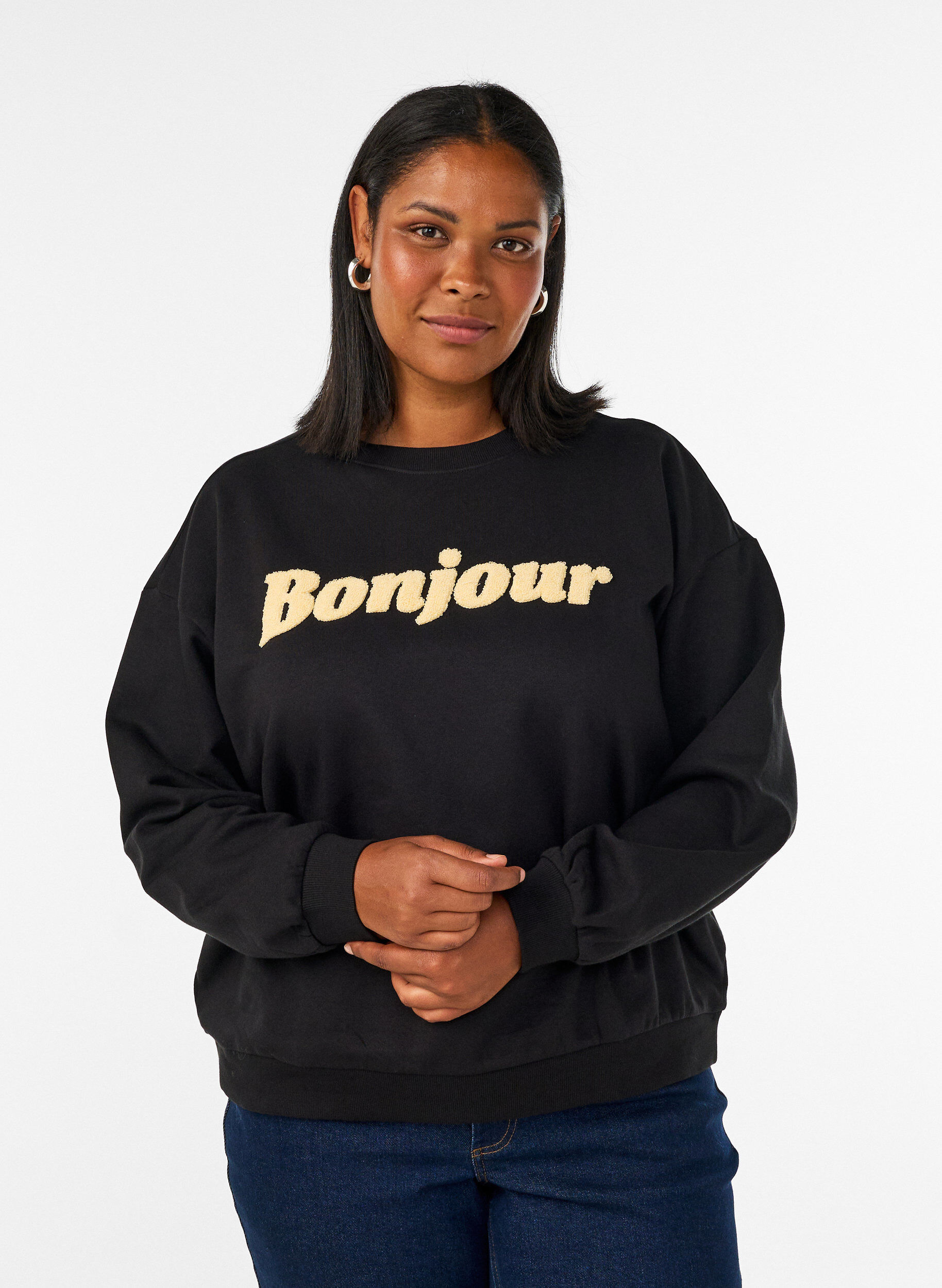 ZizzifashionSweatshirt with boucl&eacute; text motif, Black, Model image number 0