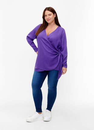 Long-sleeved blouse in viscose with a wrap look, Prism Violet, Model image number 2