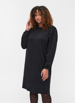 Balloon-sleeved sweatshirt dress, Black, Model image number 0