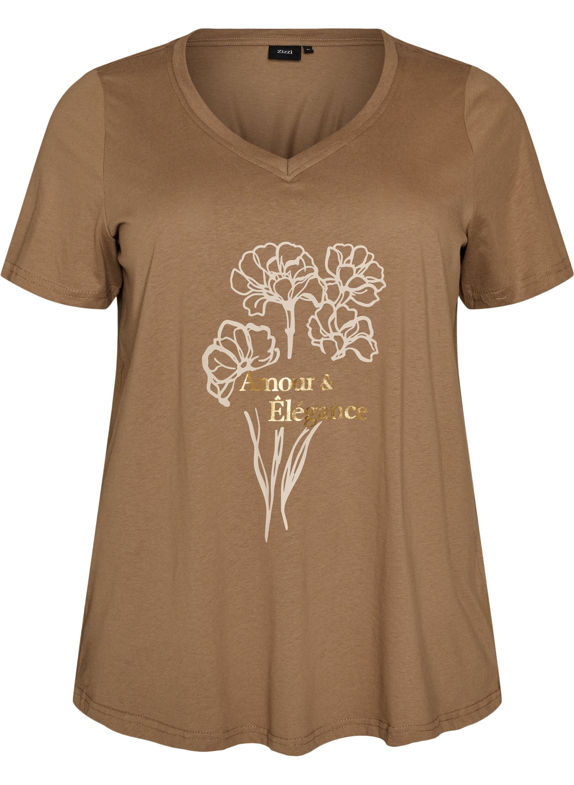 Cotton T-shirt with front print and V-neck