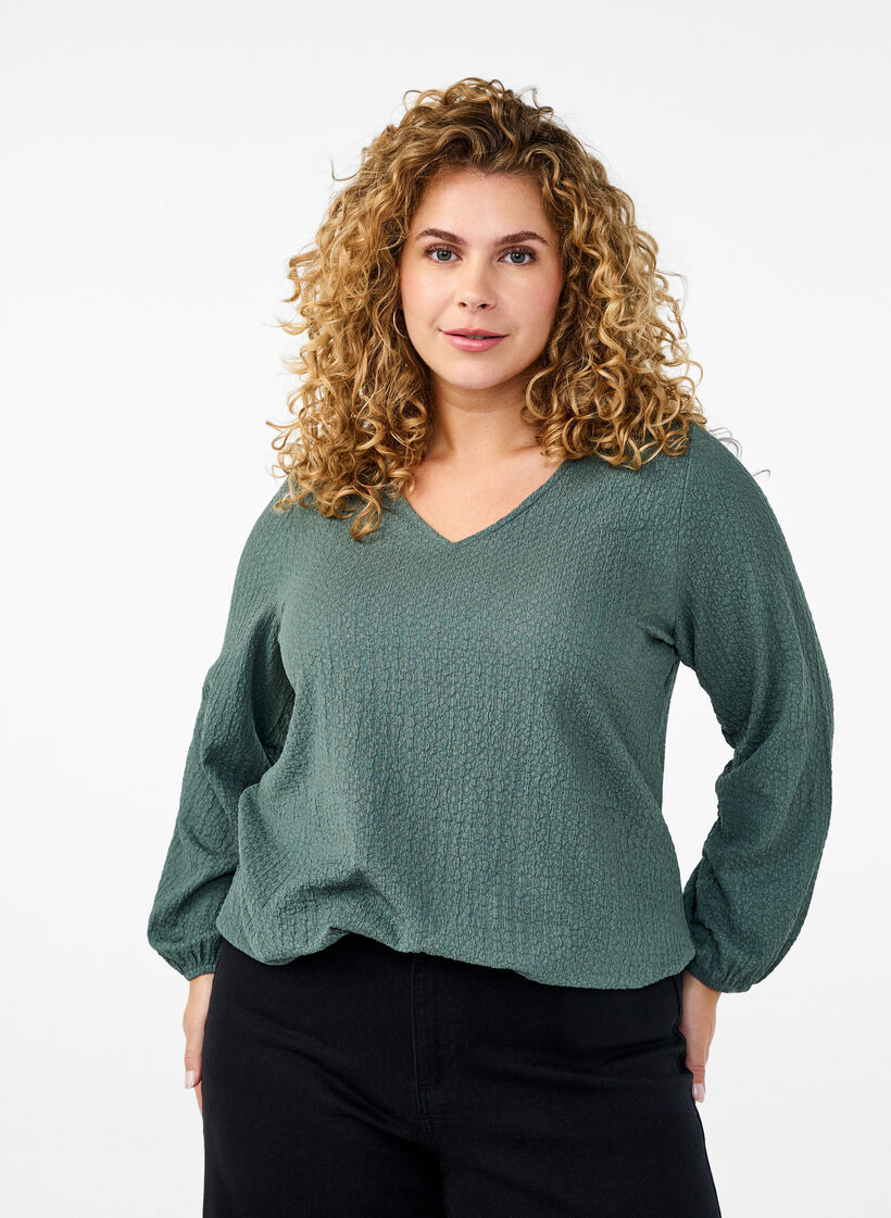 FLASH - Blouse with texture and long sleeves, Balsam Green, Model image number 0