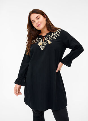 Cotton tunic with embroidery and tie details, Black, Model image number 0