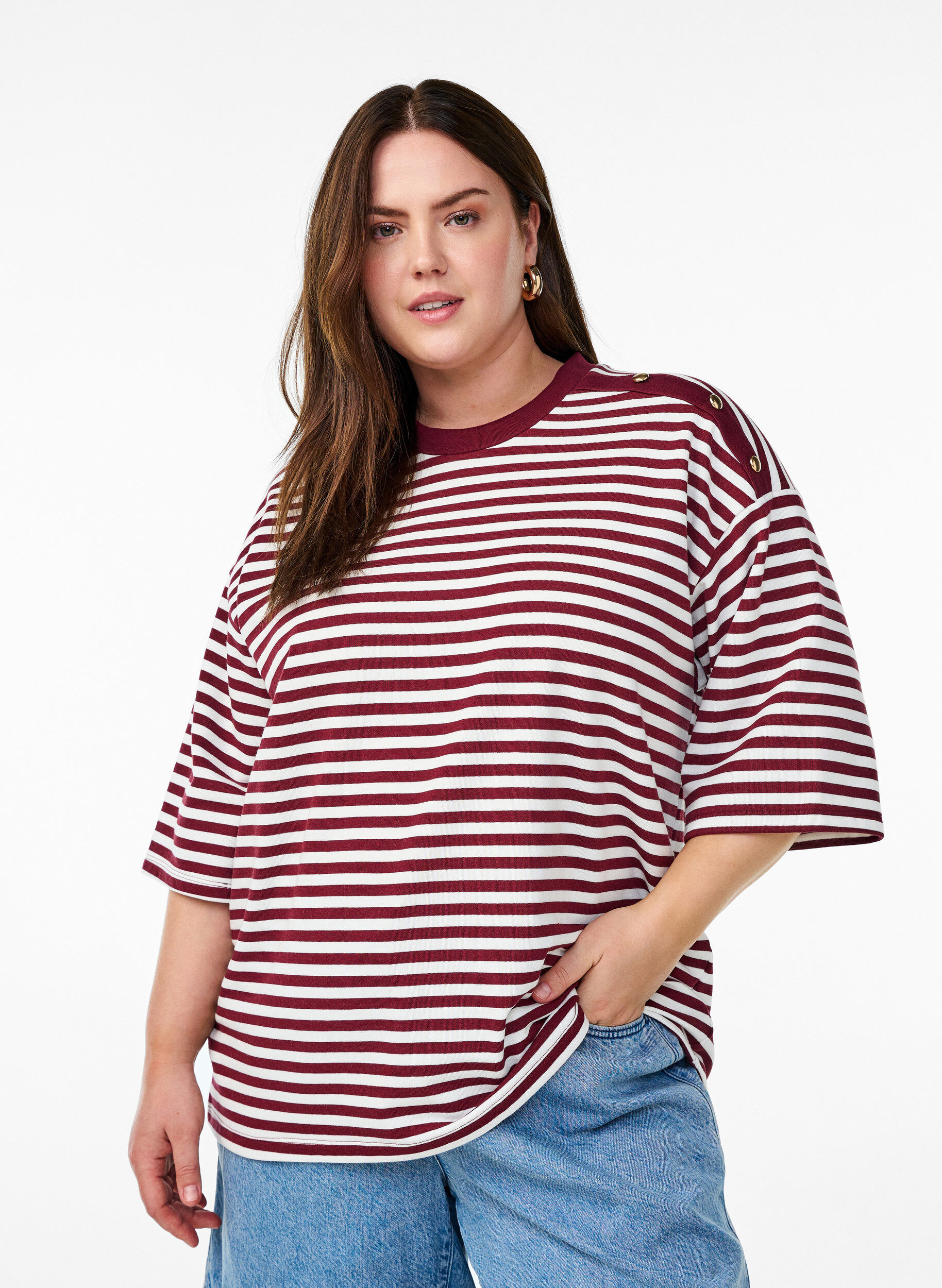 Striped blouse with 3/4 sleeves and button detail, Red, Model
