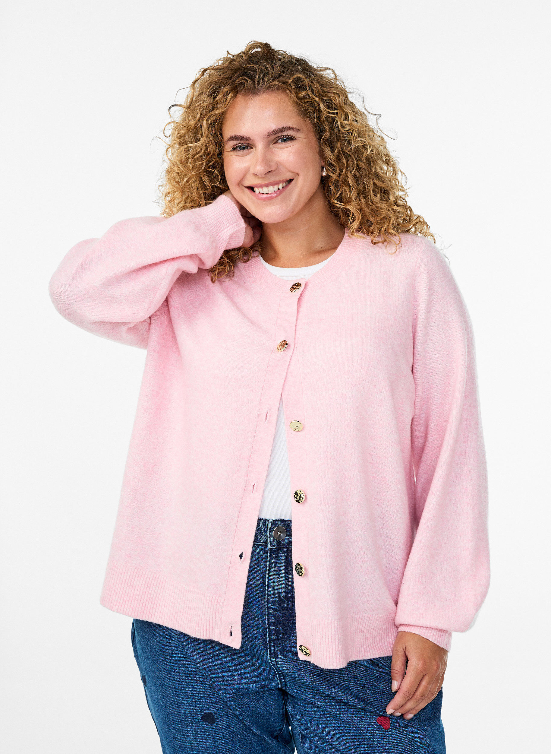 Cardigan in soft knit with gold-coloured buttons, Rose, Model