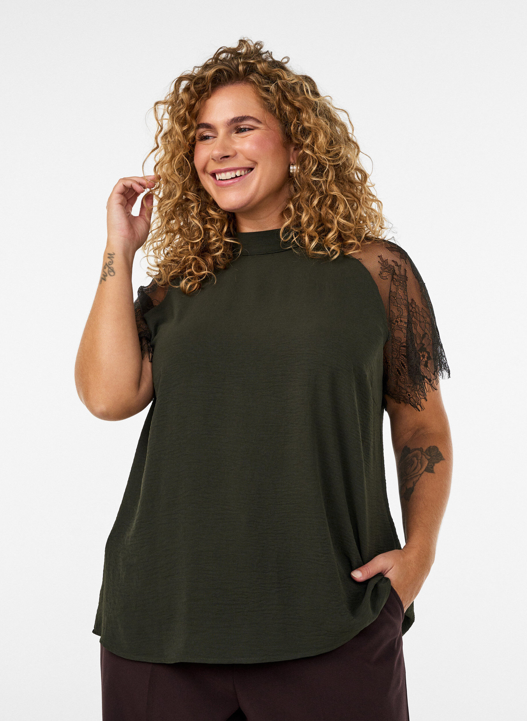 Blouse with short lace sleeves and high neck, Green, Model