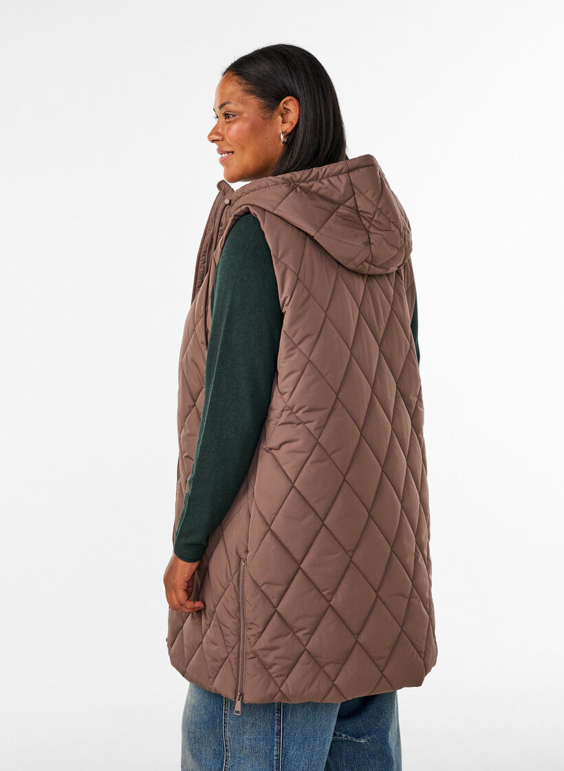 Mid-length quilted gilet with hood, Brown, Model image number 2