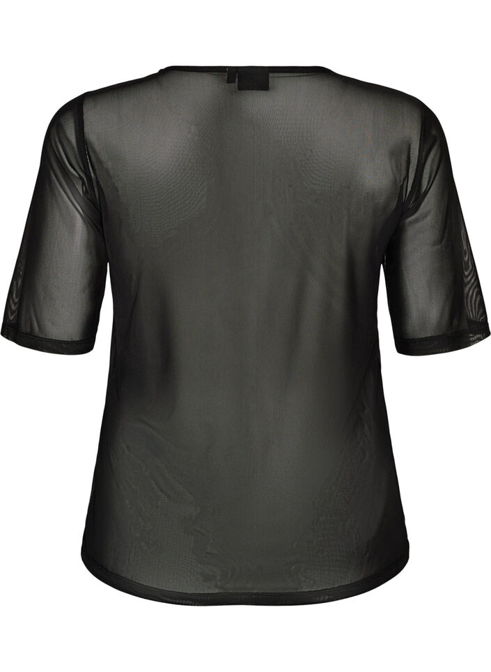 Mesh top with short sleeves and round neck, Black, Packshot image number 1