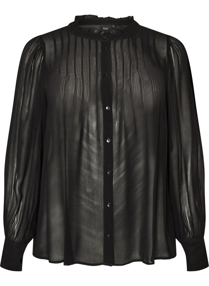 Viscose blouse with a ruffle collar, Black, Packshot image number 0