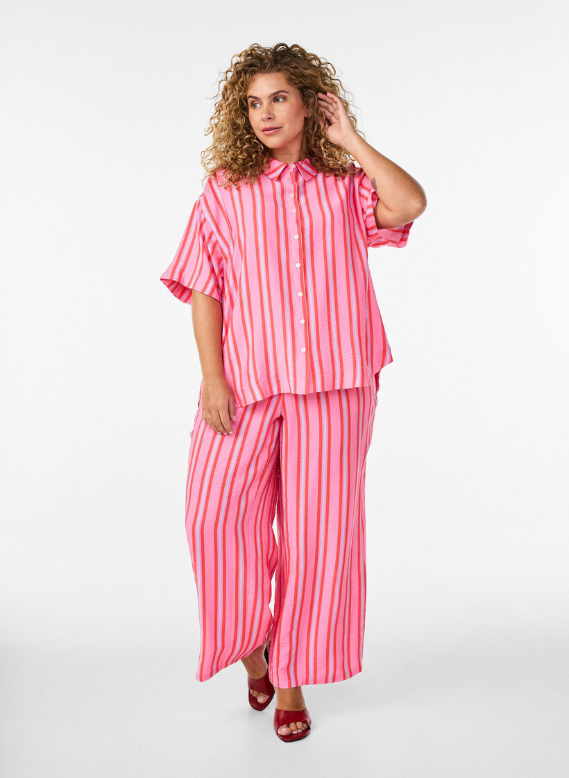 Striped viscose shirt with short sleeves, Pink, Model image number 1
