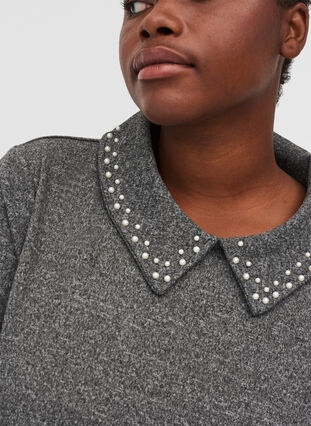 Marled blouse with collar and pearls, Dark Grey Mel, Model image number 2