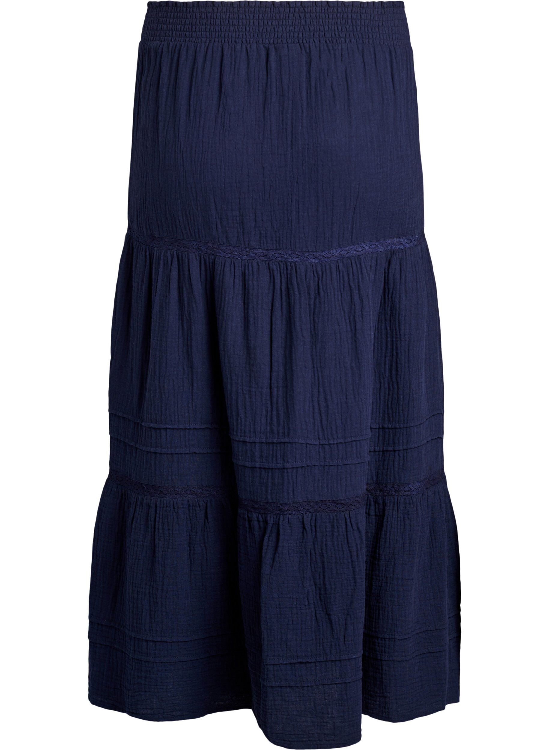 Zizzifashion A-line midi skirt in cotton muslin with crochet band, Blue, Packshot image number 1