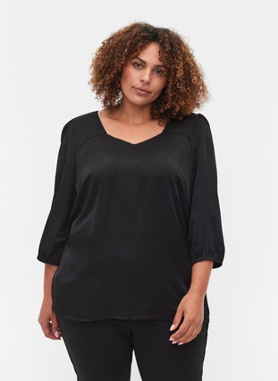 A-line, v-neck blouse with 3/4 balloon sleeves, Black, Model image number 0