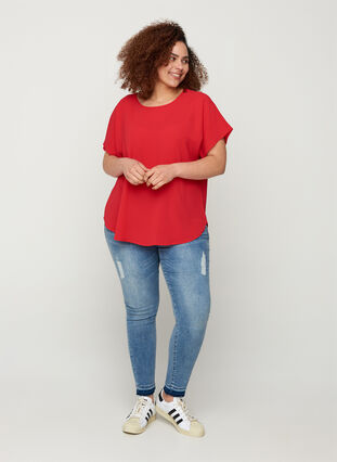 Blouse with short sleeves and a round neckline, Lipstick Red, Model image number 2