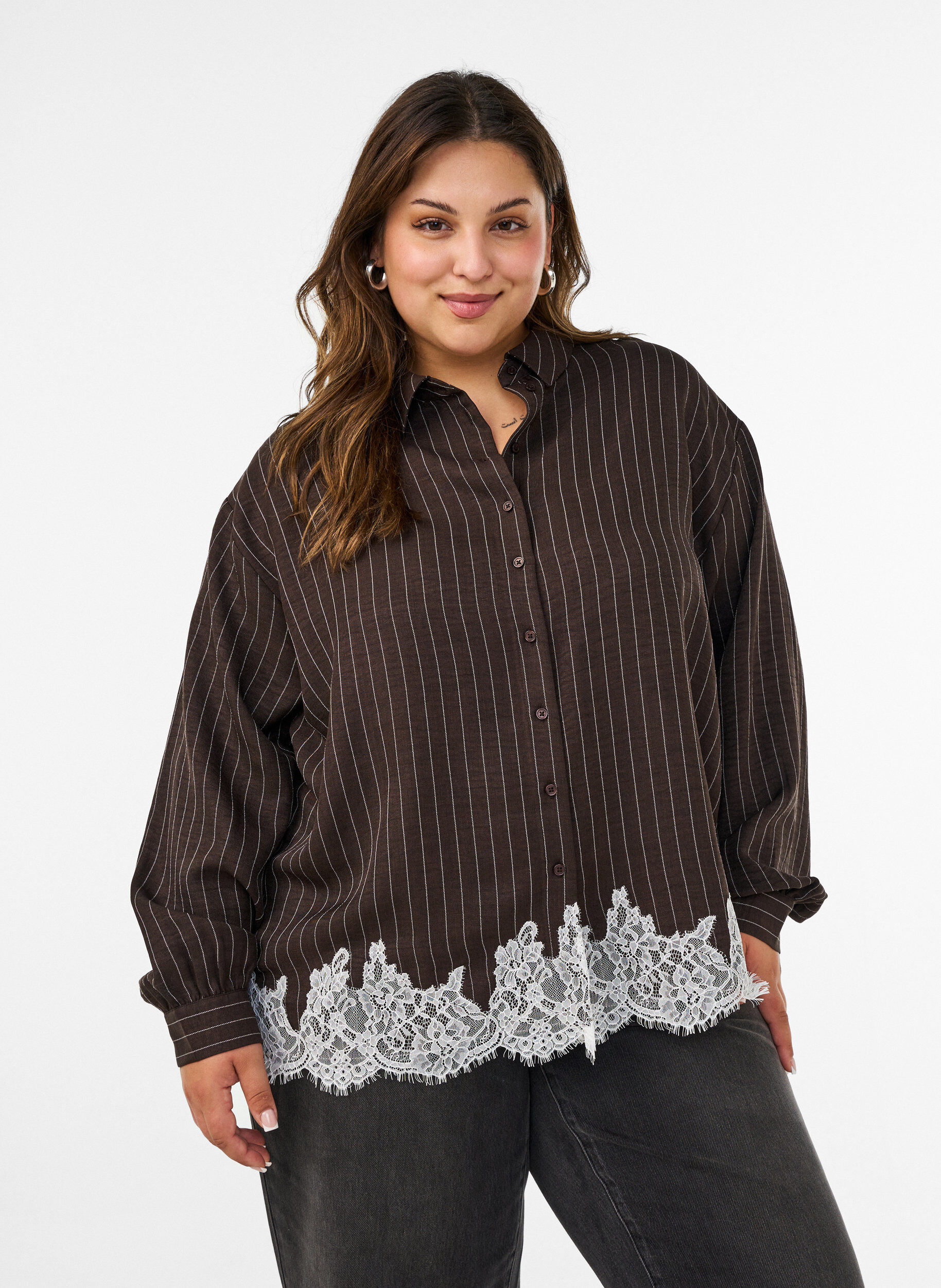 ZizzifashionPinstripe shirt with lace trim, Brown, Model image number 0
