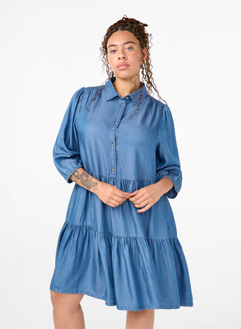 Denim dress in TENCEL™ Lyocell with 3/4 sleeves, Blue Denim, Model image number 0