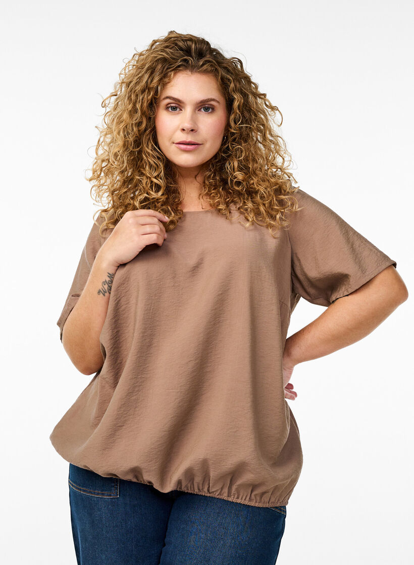 Short-sleeved blouse with elastic hem, Brown, Model image number 0