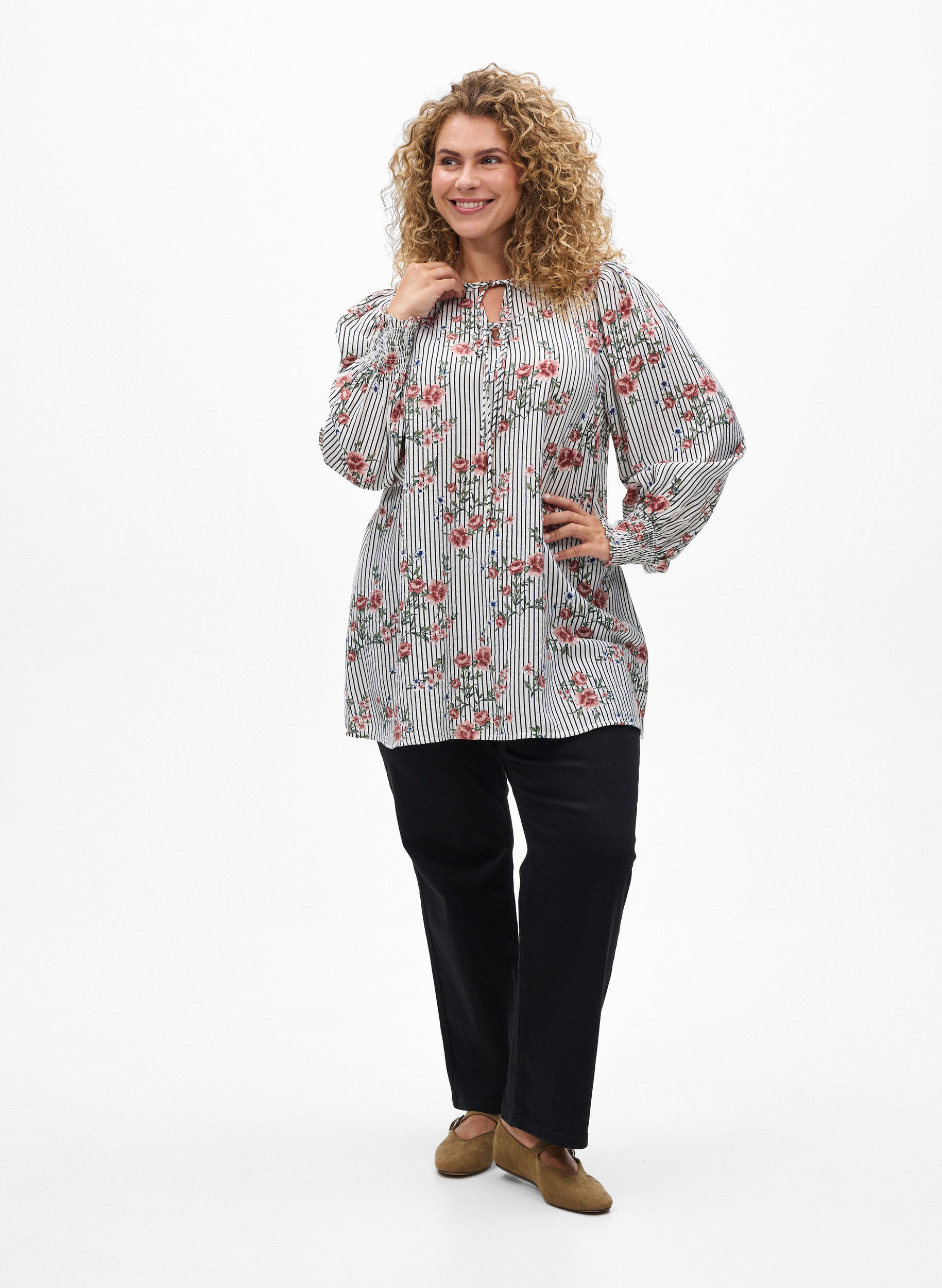 Zizzifashion Blouse with floral print and tie detail, Black, Image image number 0