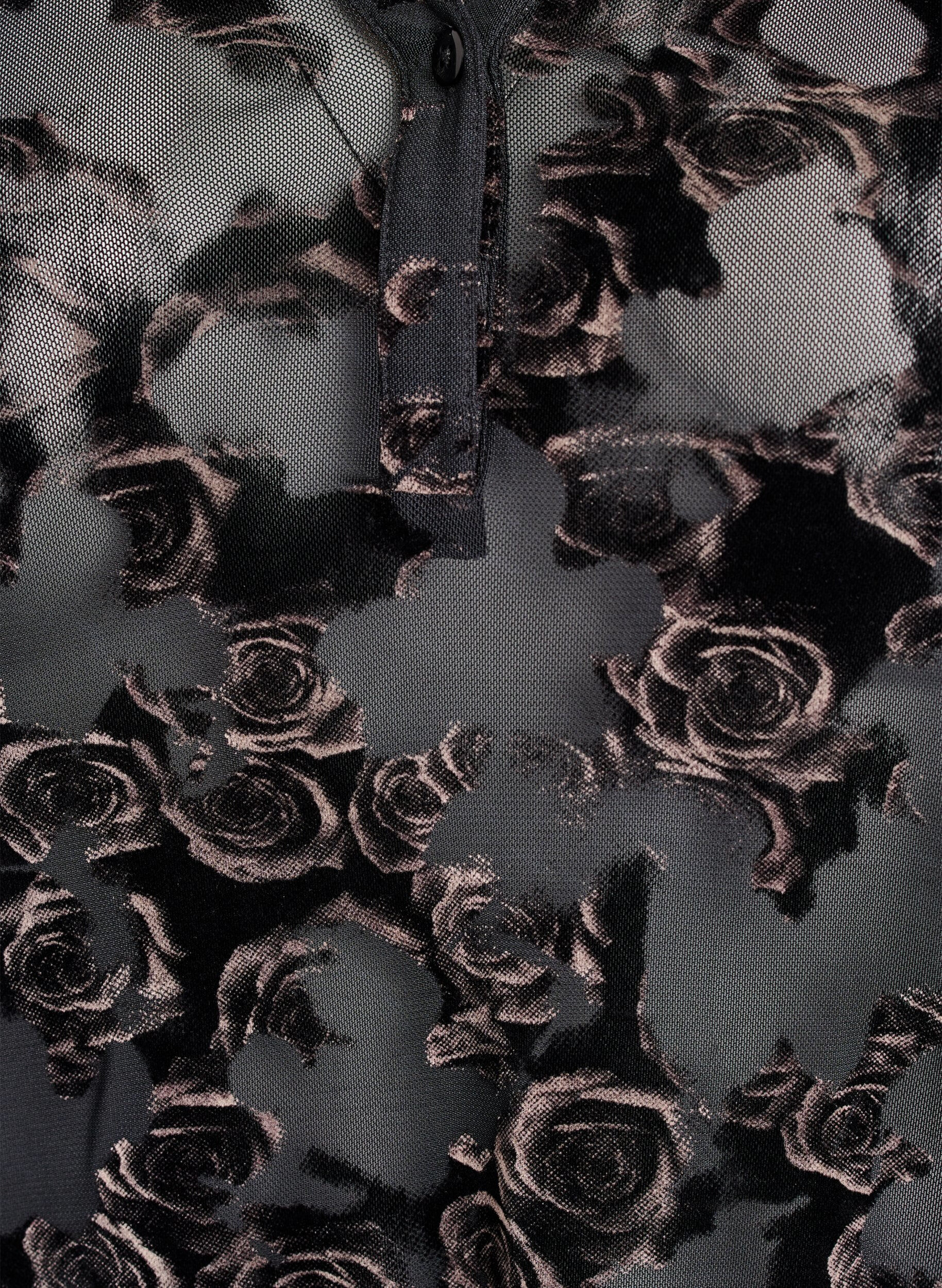 Zizzifashion Mesh blouse with velour roses and 3/4 sleeves, Black, Packshot image number 2