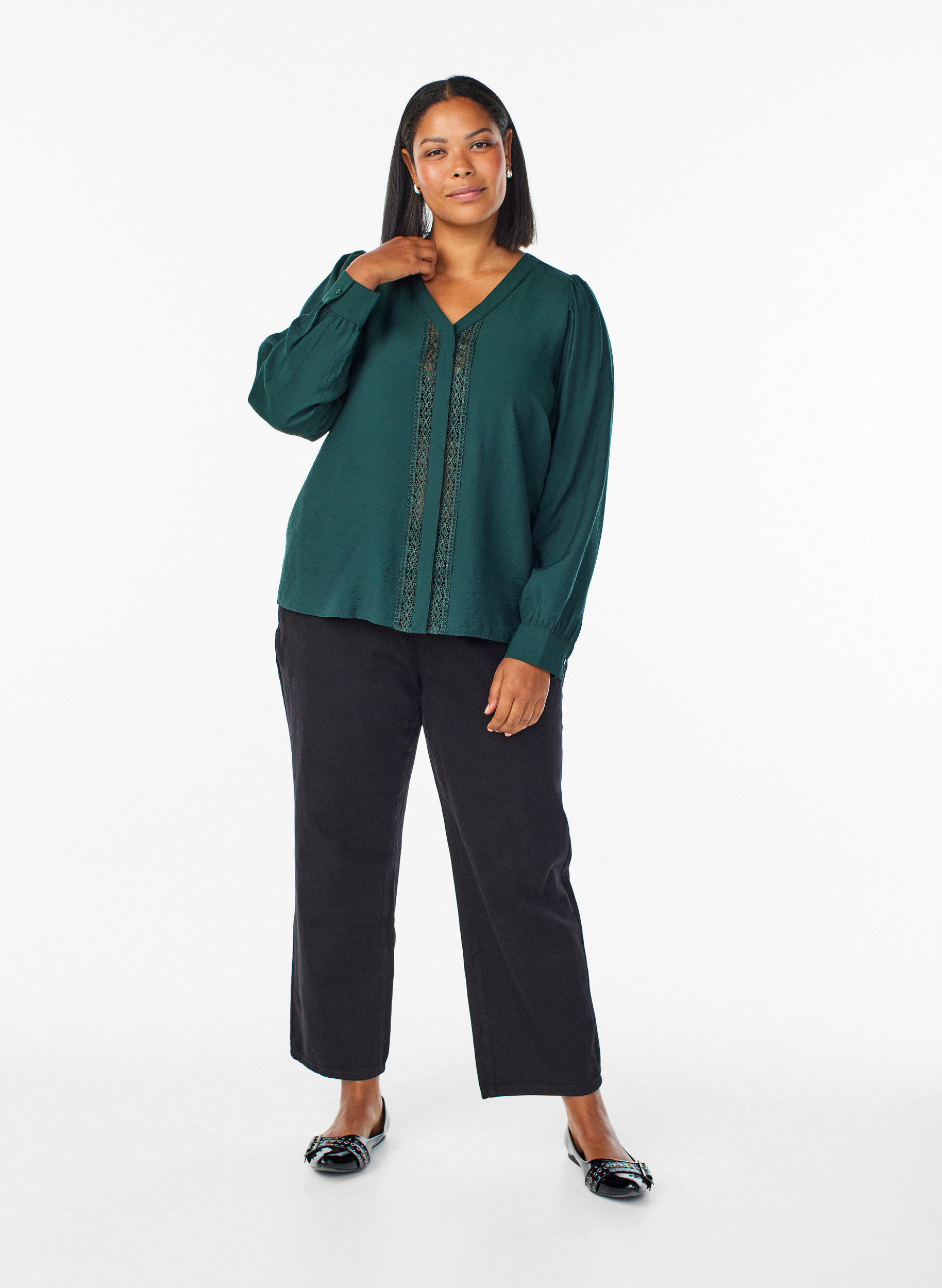 Zizzifashion Blouse with V-neck and embroidered bands, Green, Model image number 1