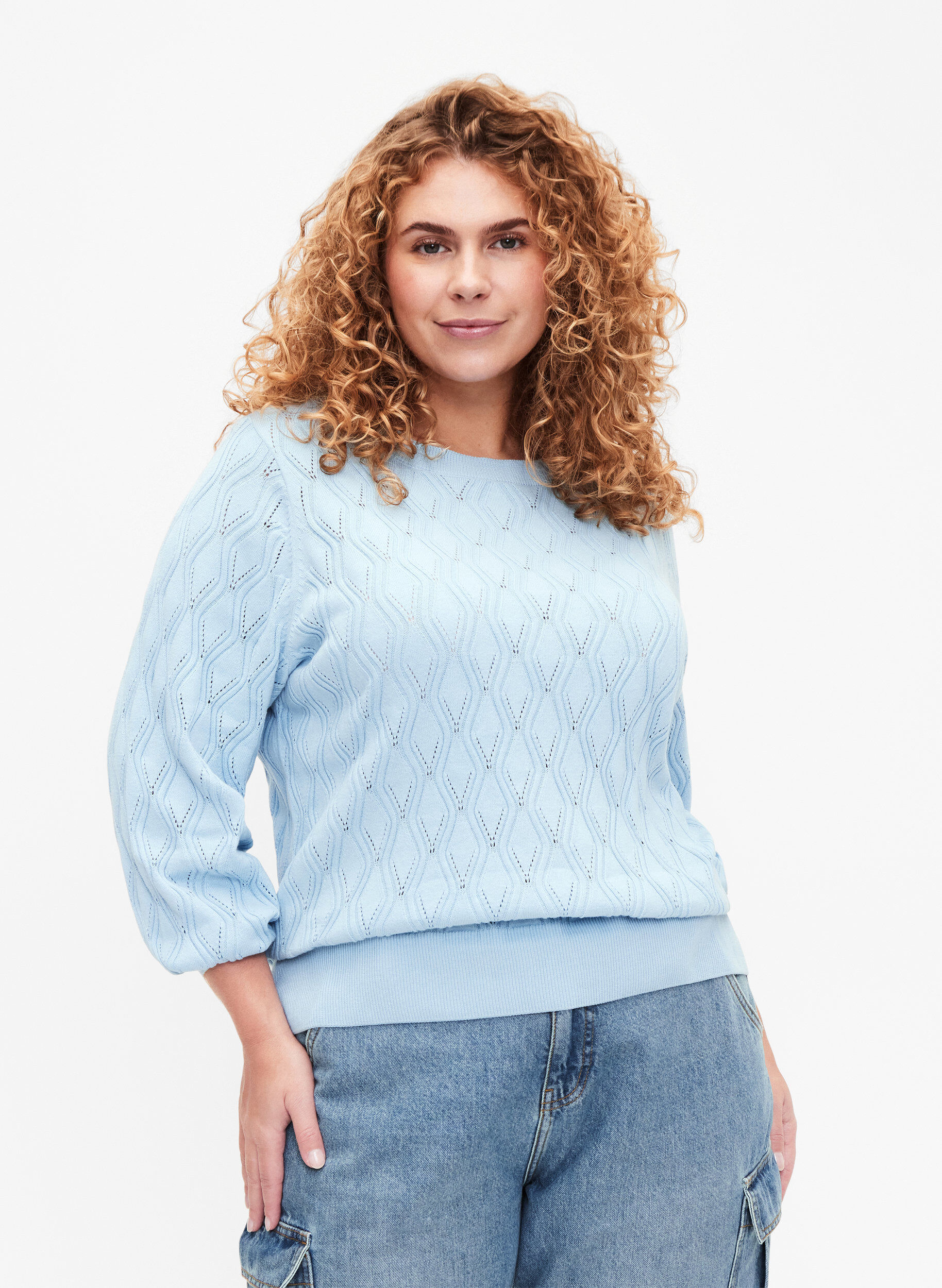 Zizzifashion Pullover with hole pattern and boat neck	, Blue Bell, Model image number 0
