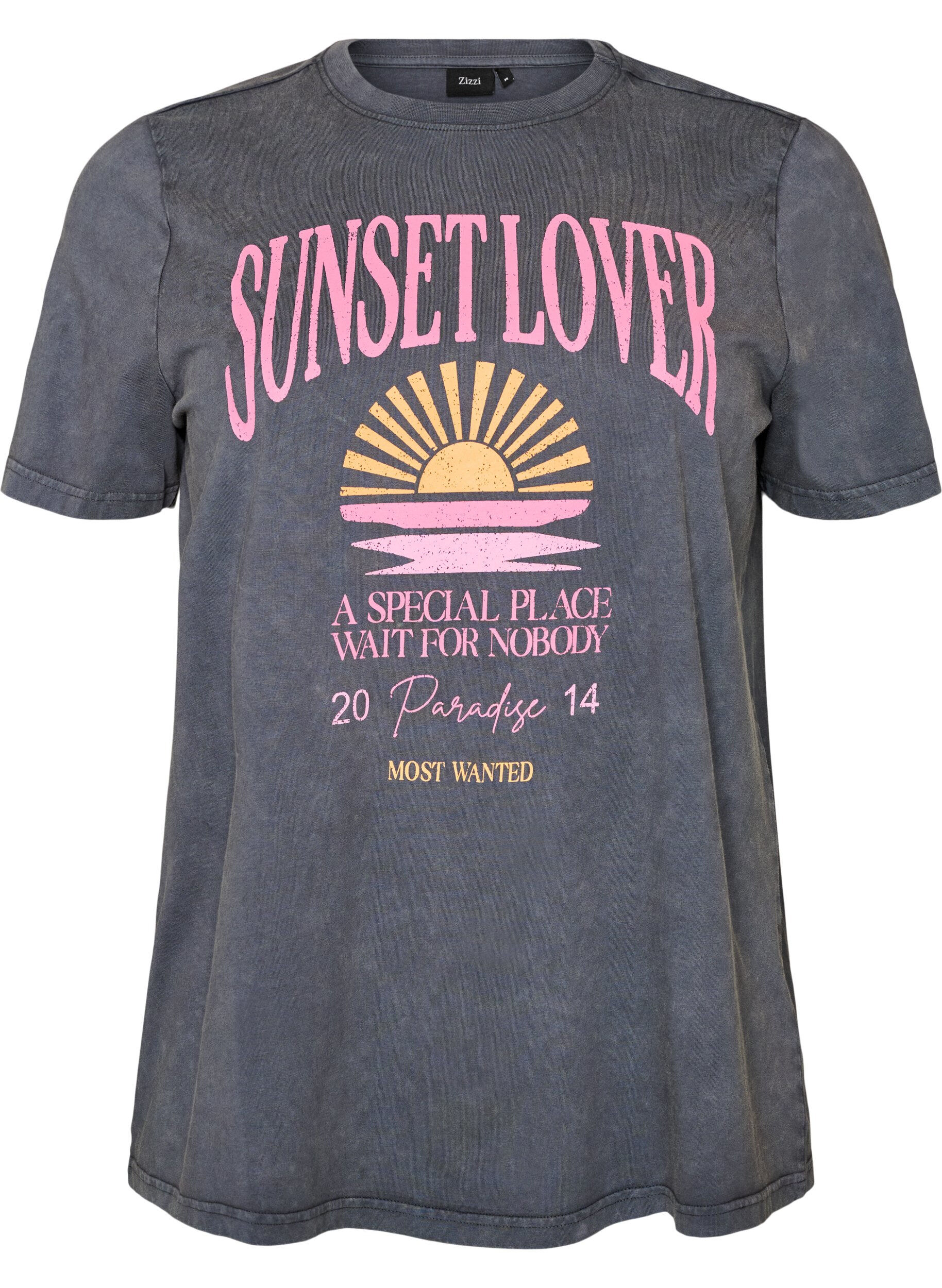 ZizzifashionCotton T-shirt with front print and a washed look, Grey, Packshot image number 0