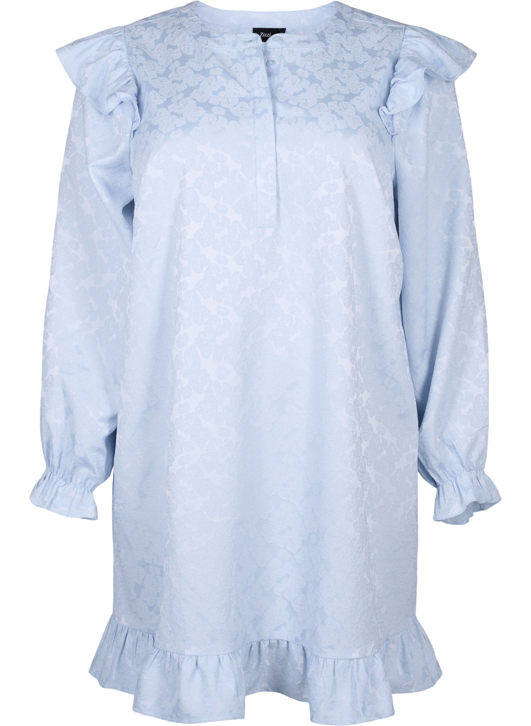 Zizzifashion Jacquard dress with long sleeves and ruffle detail, Light Blue, Packshot image number 0