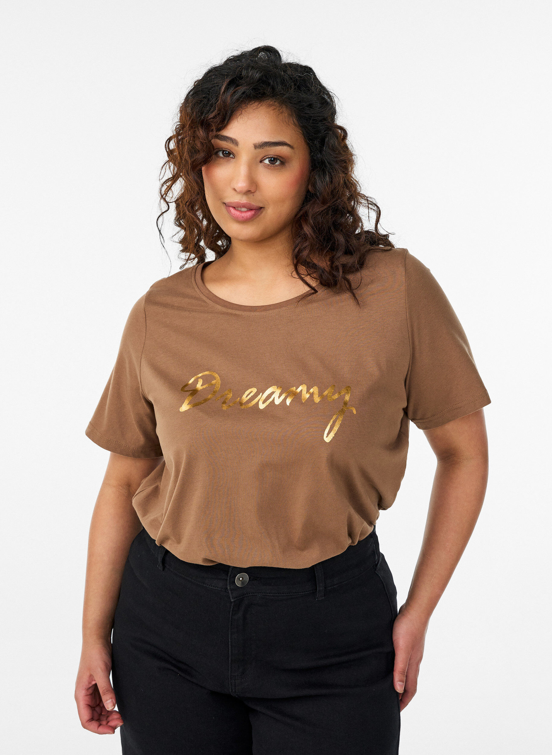 T-shirt with motif, Brown, Model