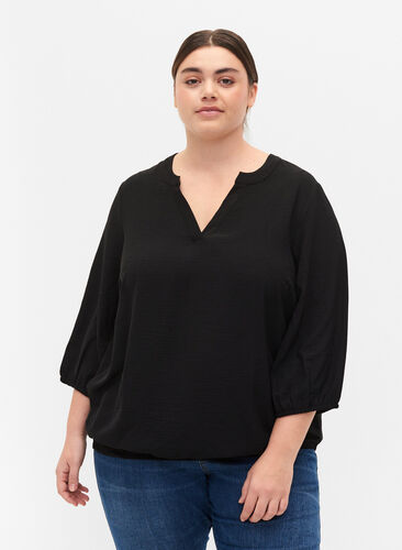 Blouse with smock and 3/4 sleeves, Black, Model image number 0