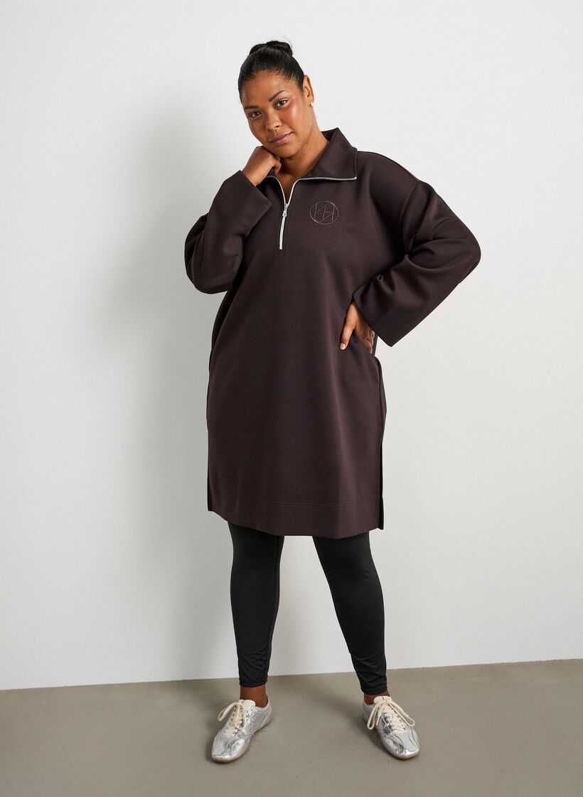 Sporty sweatshirt dress with a high collar and zip, Brown, Model image number 1