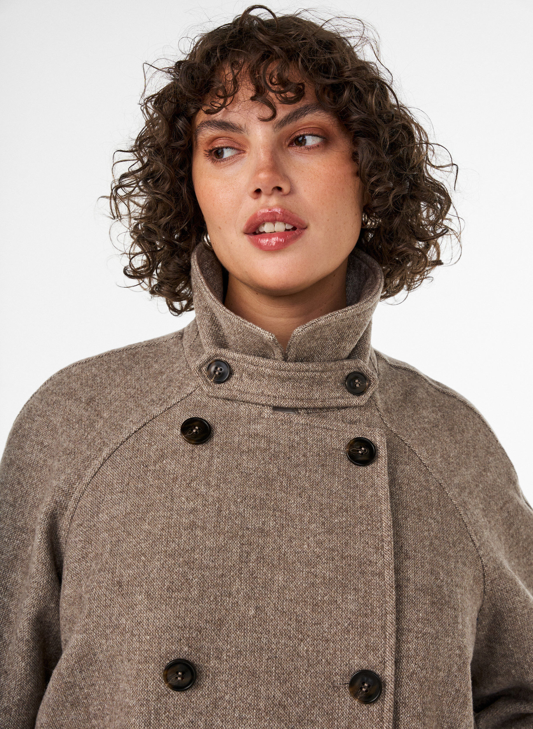 ZizzifashionLong wool coat with a high collar and double-breasted design, Brown, Model image number 3
