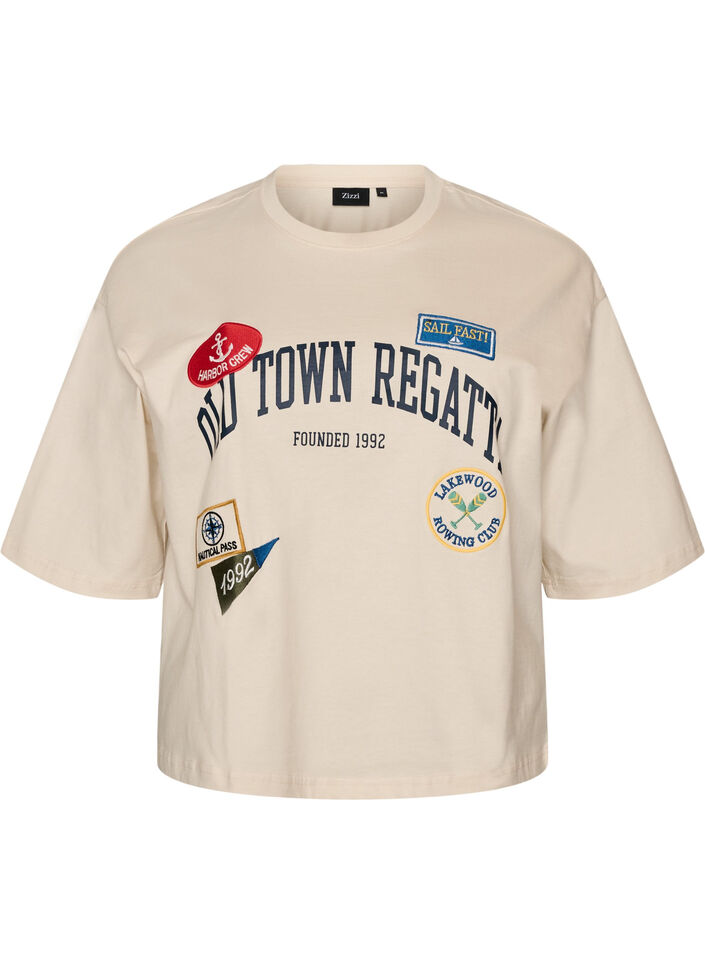 T-shirt with text print and badges, Beige, Packshot image number 0